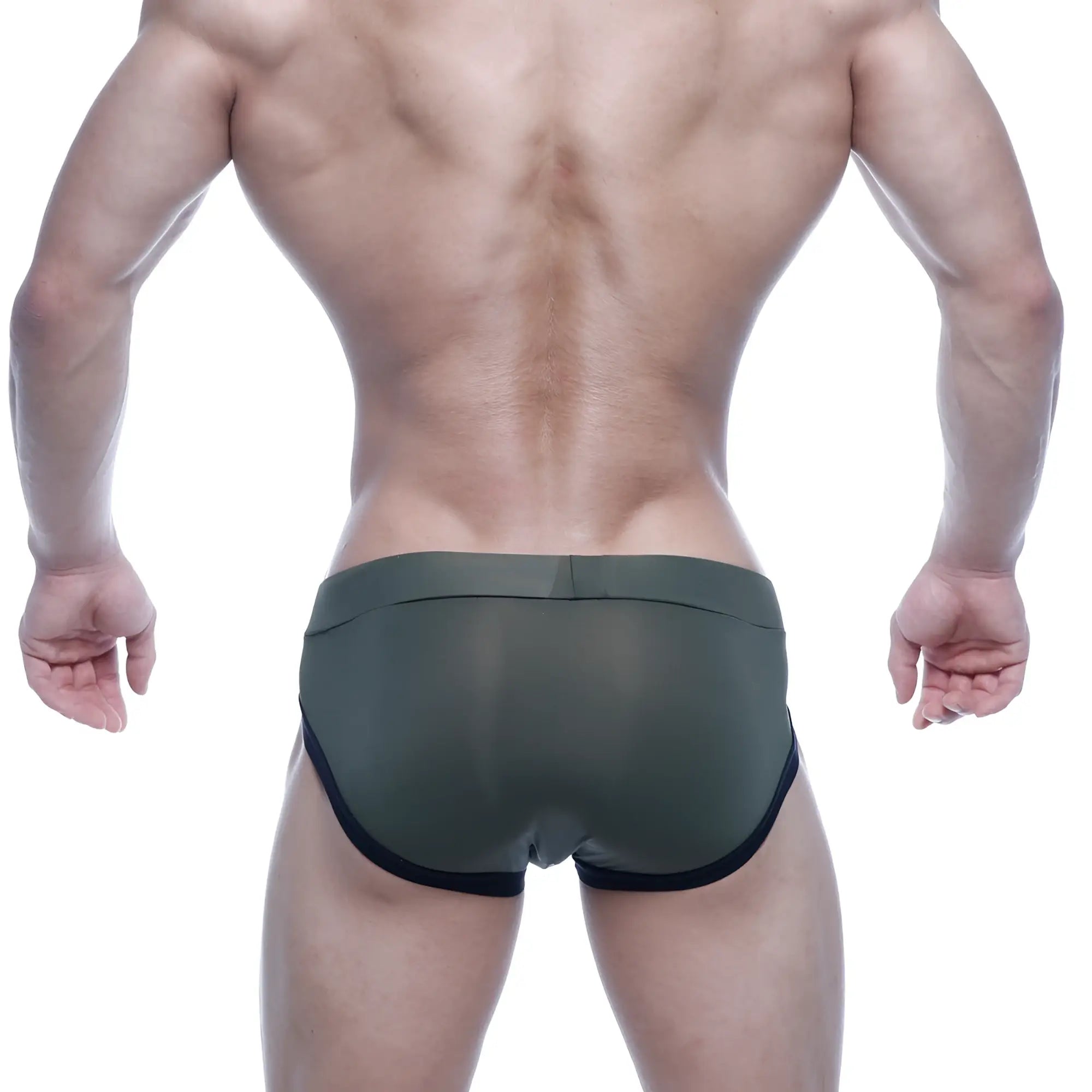 Olive green sheer briefs with black trim from metromalewear filosofico bikini 2304-26 for stylish underwear use