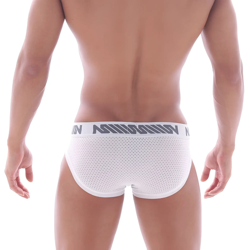 White mesh briefs with gray mission logo band from metromalewear filosofico bikini 2304-40 product