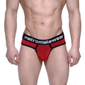 Men’s fine thong briefs red and black stripes with branded waistband by metromalewear model 2712-42
