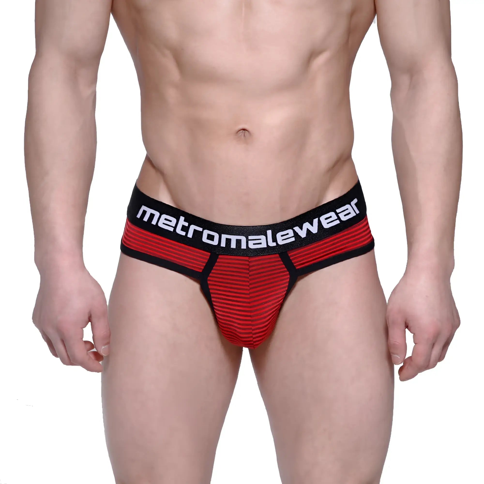 Men’s fine thong briefs red and black stripes with branded waistband by metromalewear model 2712-42