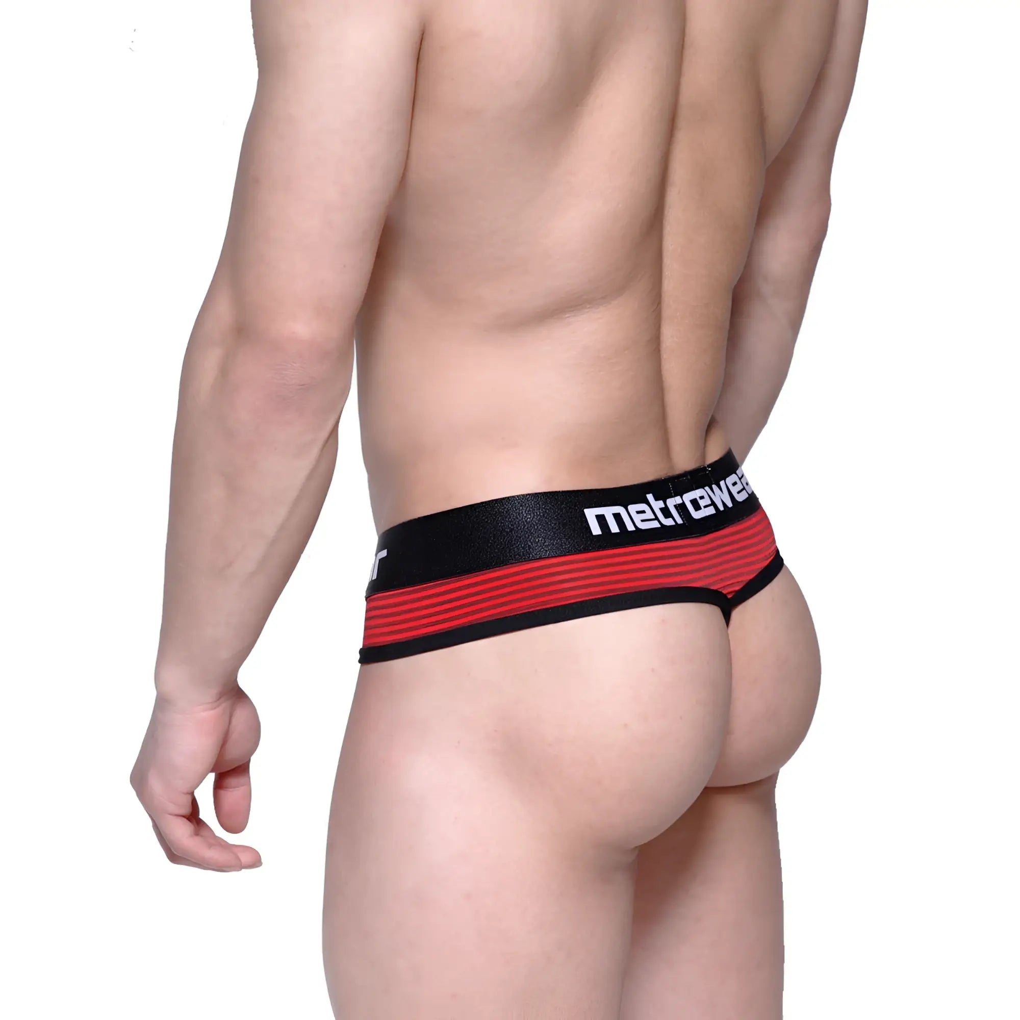 MetroMaleWear fine thong in red and black stripes with sleek form-fitting design shown from the back side