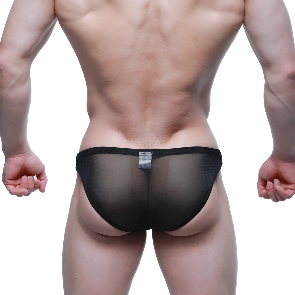 MetroMaleWear Fior Bikini 3603-72 black sheer mesh briefs with solid black waistband showing front view