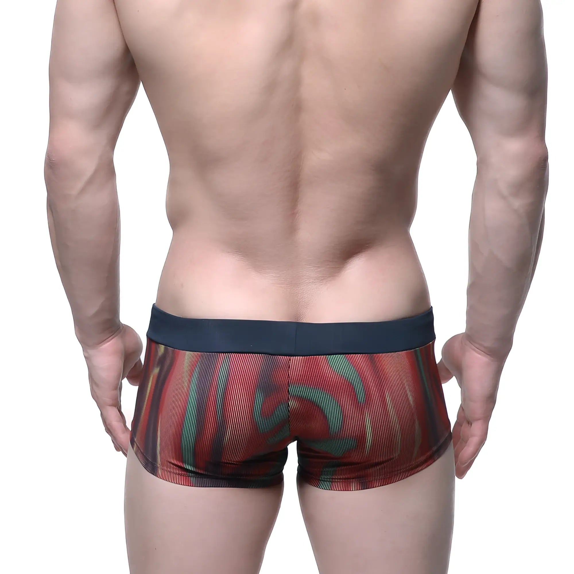 MetroMaleWear fire swim boxer briefs with red and green abstract pattern and navy blue waistband in swimwear fabric
