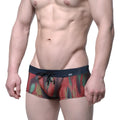 MetroMaleWear fire swim boxer briefs vibrant red green yellow abstract pattern sheer mesh fabric navy waistband