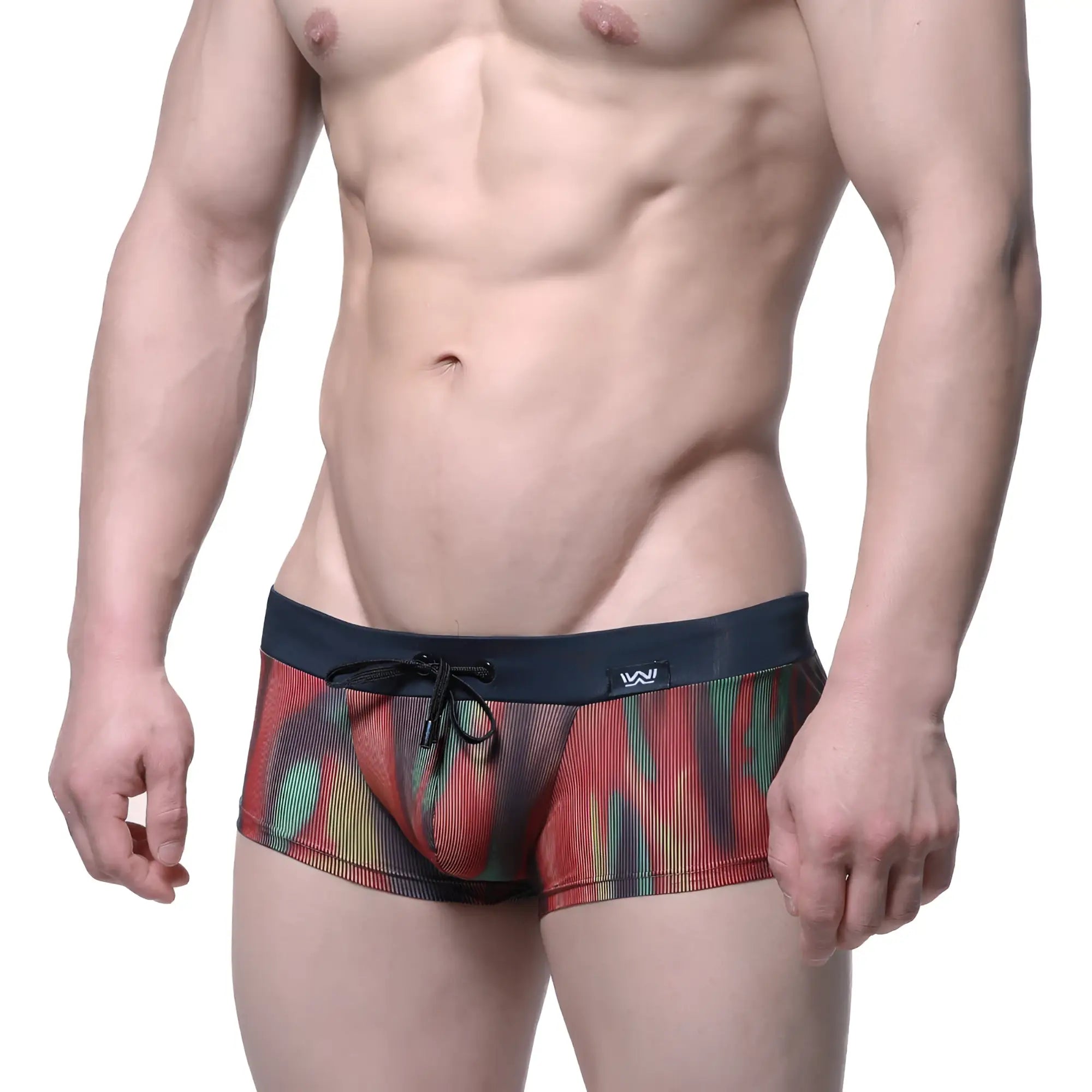 MetroMaleWear fire swim boxer briefs vibrant red green yellow abstract pattern sheer mesh fabric navy waistband