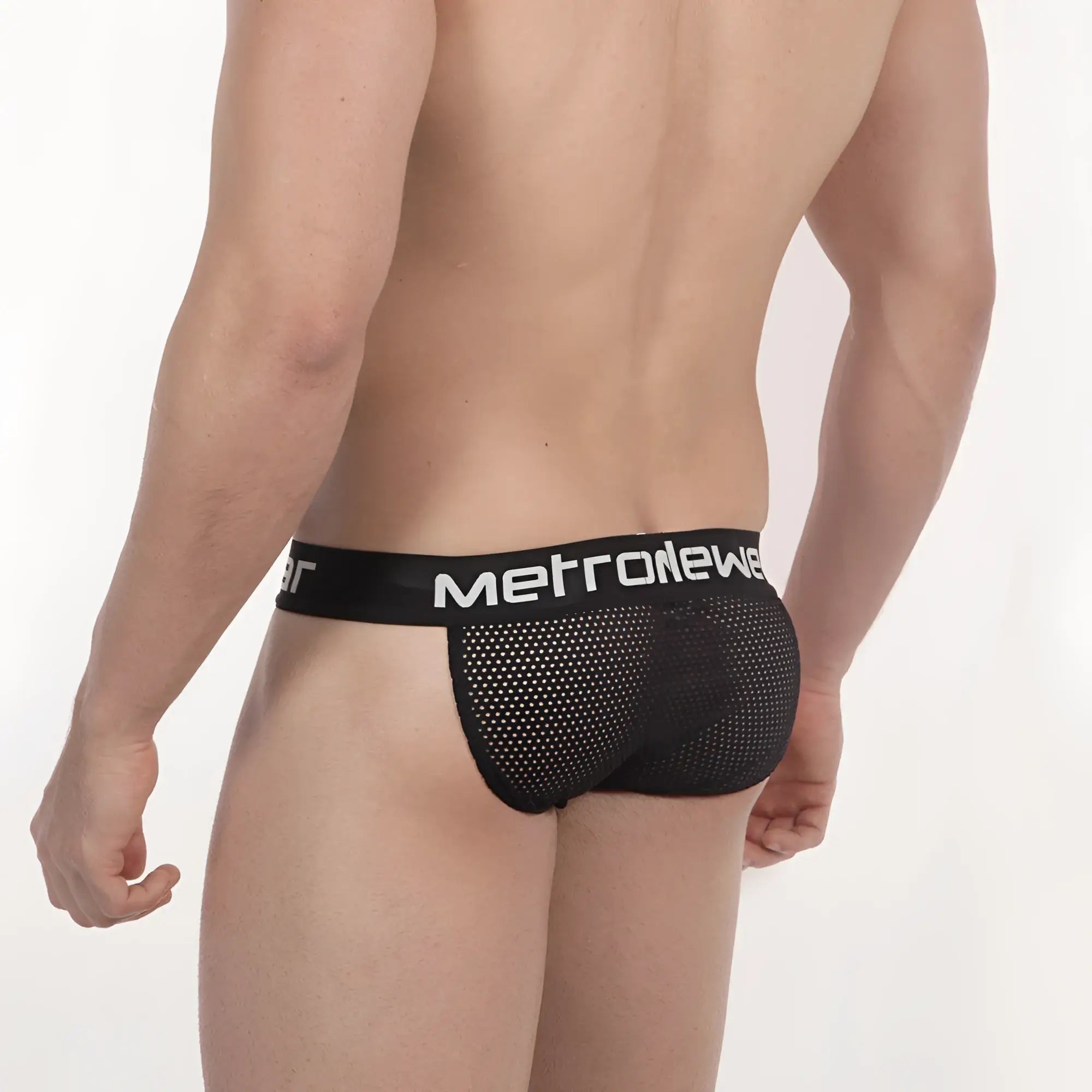 Black mesh metroMaleWear fishnet bikini briefs with white logo on waistband for men model 3004-66