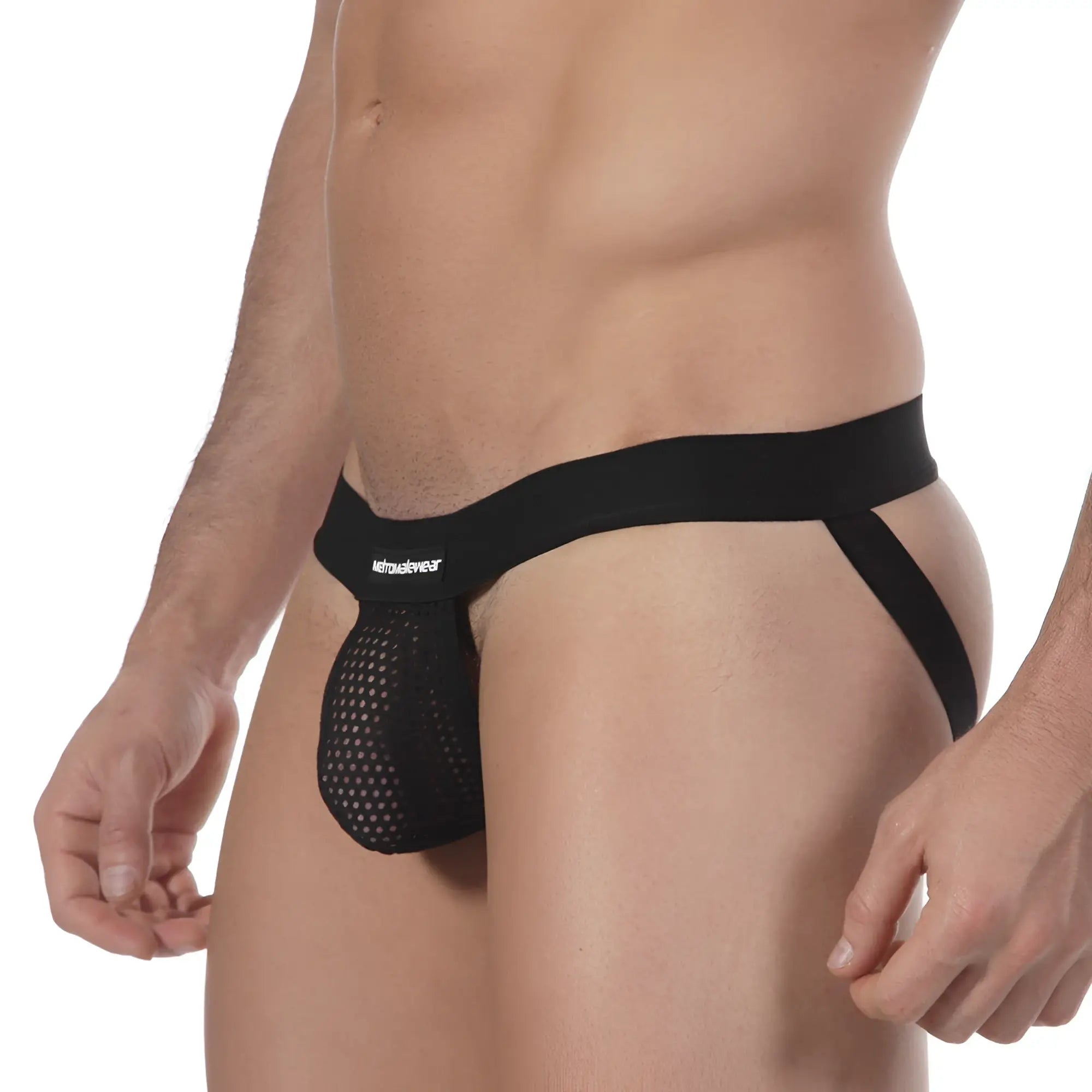 Black mesh fishnet jock strap briefs with solid waistband and metrashift logo from metro male wear