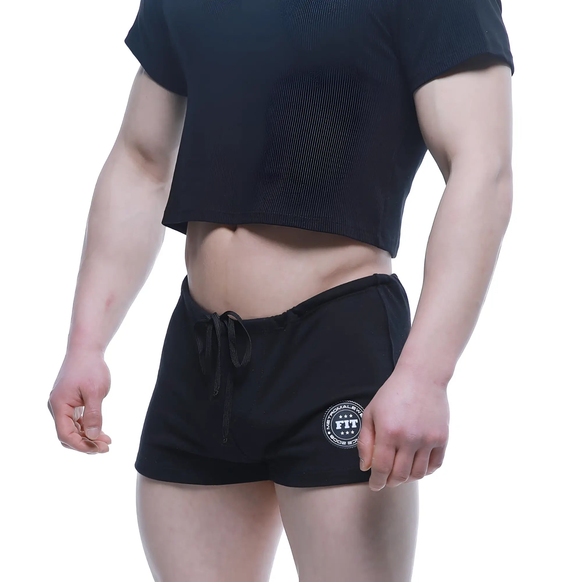 Black metroMalewear fit shorts 4714-20 with drawstring waistband and circular logo patch on left leg
