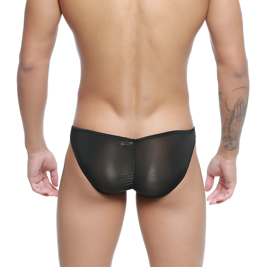 MetroMaleWear fits bikini black 6603-20 sheer mesh briefs with subtle metallic sheen and contoured design front view