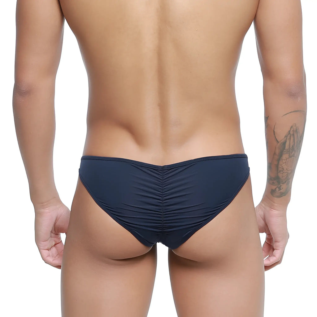 Navy blue ruched swim trunks for men by metromalewear model fits bikini dark blue 6603-28 front view