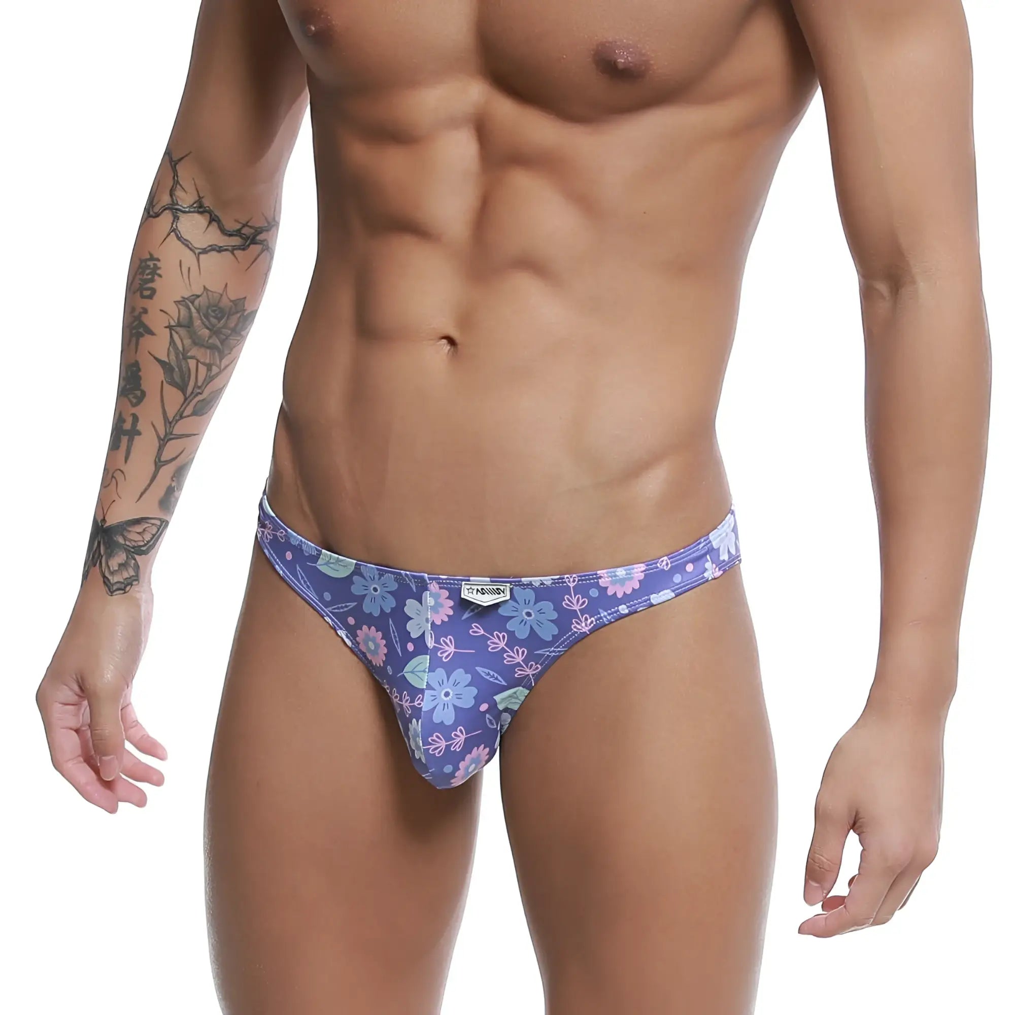 Purple floral-patterned men’s briefs with a snug form-fitting design from metromalewear fits bikini jardin 6603-44
