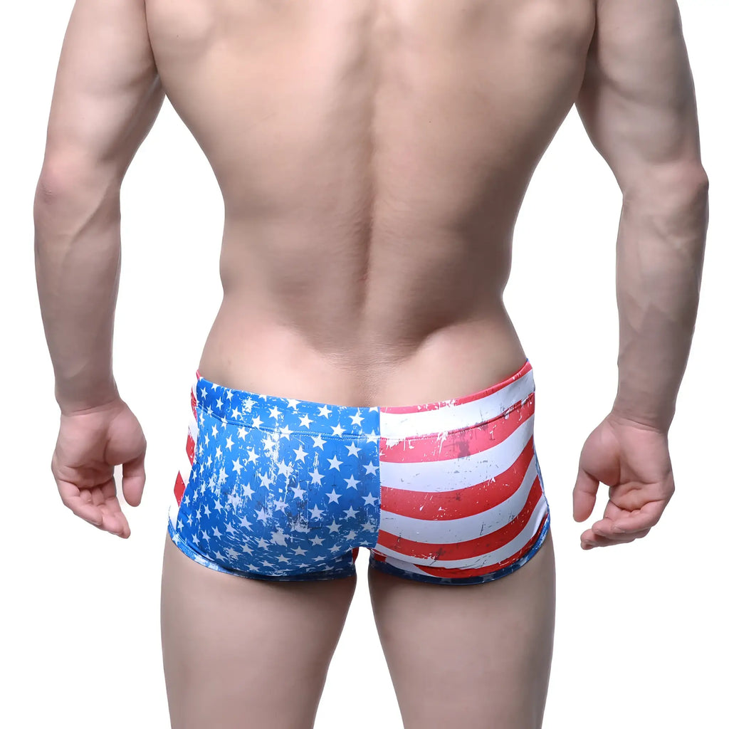 MetroMalewear flag swim trunk 4938-91 american flag themed swim trunks with split blue stars and red stripes design