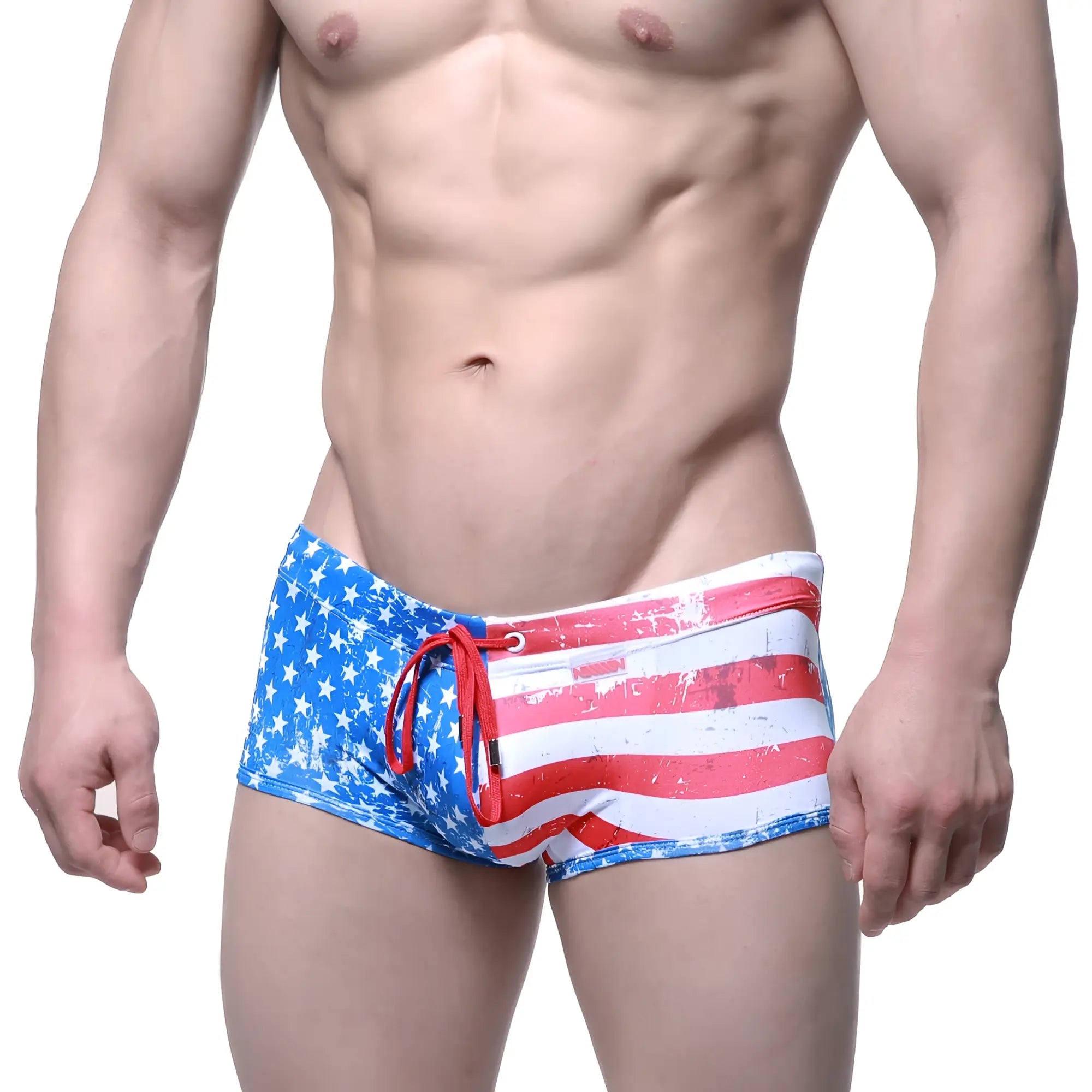MetroMaleWear flag swim trunk 4938-91 with blue red American flag pattern white stripes distressed design and red drawstring