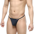Black metro malewear flex string thong with small red logo on waistband shown from the back side