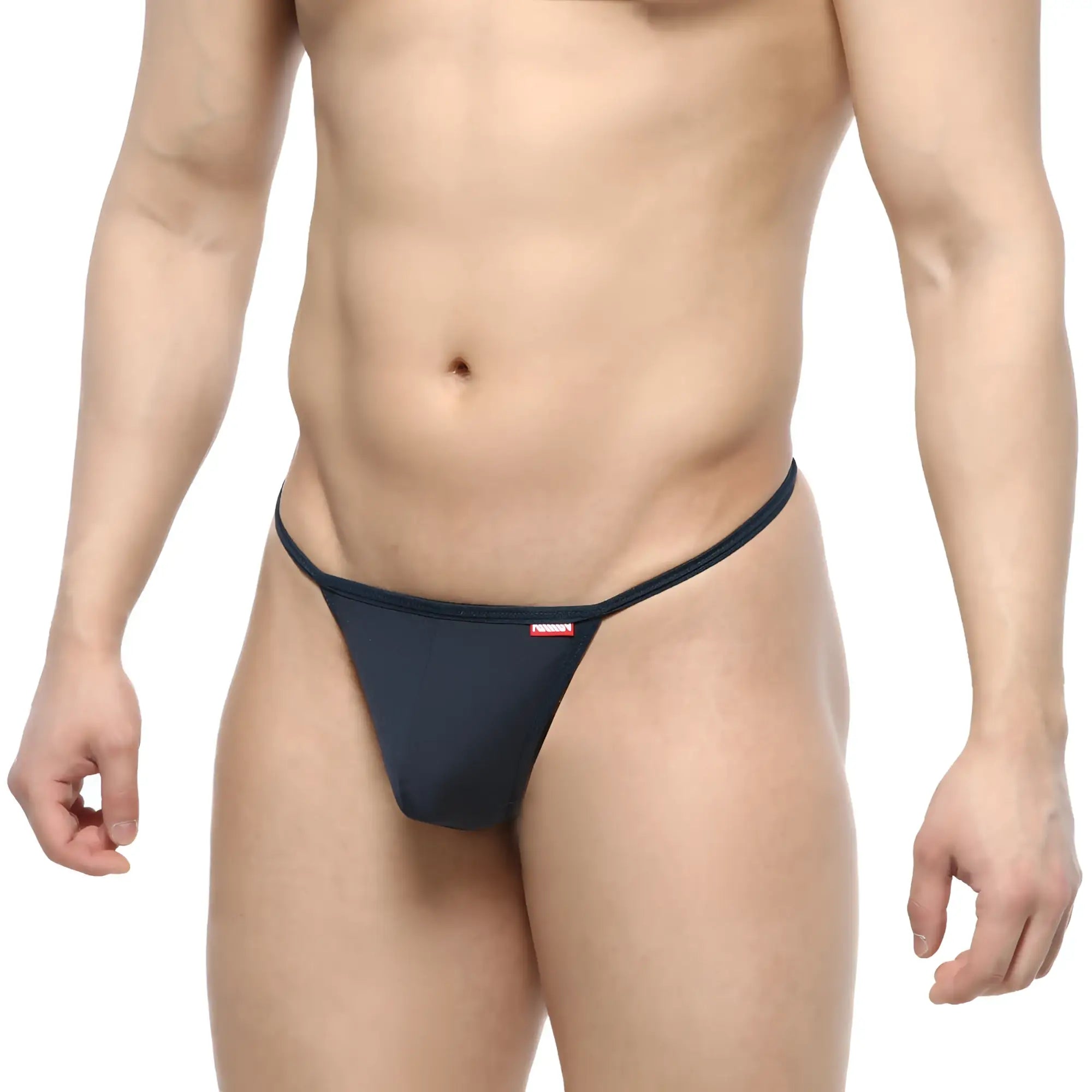 Black metro malewear flex string thong with small red logo on waistband shown from the back side