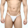 White form-fitting thong with thin waistband and small red logo on front metro male wear flex string white 2114-00