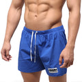 Metro malewear flexible swim trunk royal blue with white drawstrings and black and white logo patch on lower left leg
