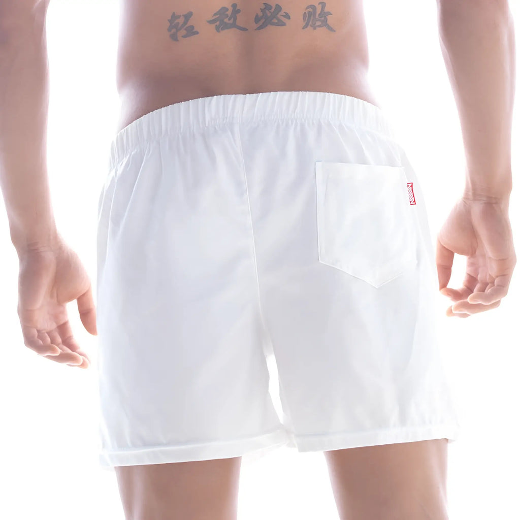 White athletic swim trunk back side with elastic waistband and red logo pocket metro male wear flexible 4710-00