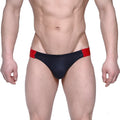 Black swim trunks with red side panels from MetroMaleWear flip jock strap collection model 1421-20