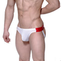 White athletic briefs with red elastic waistband and MetroMaleWear logo from the Flip Jock Strap 1421-00 series