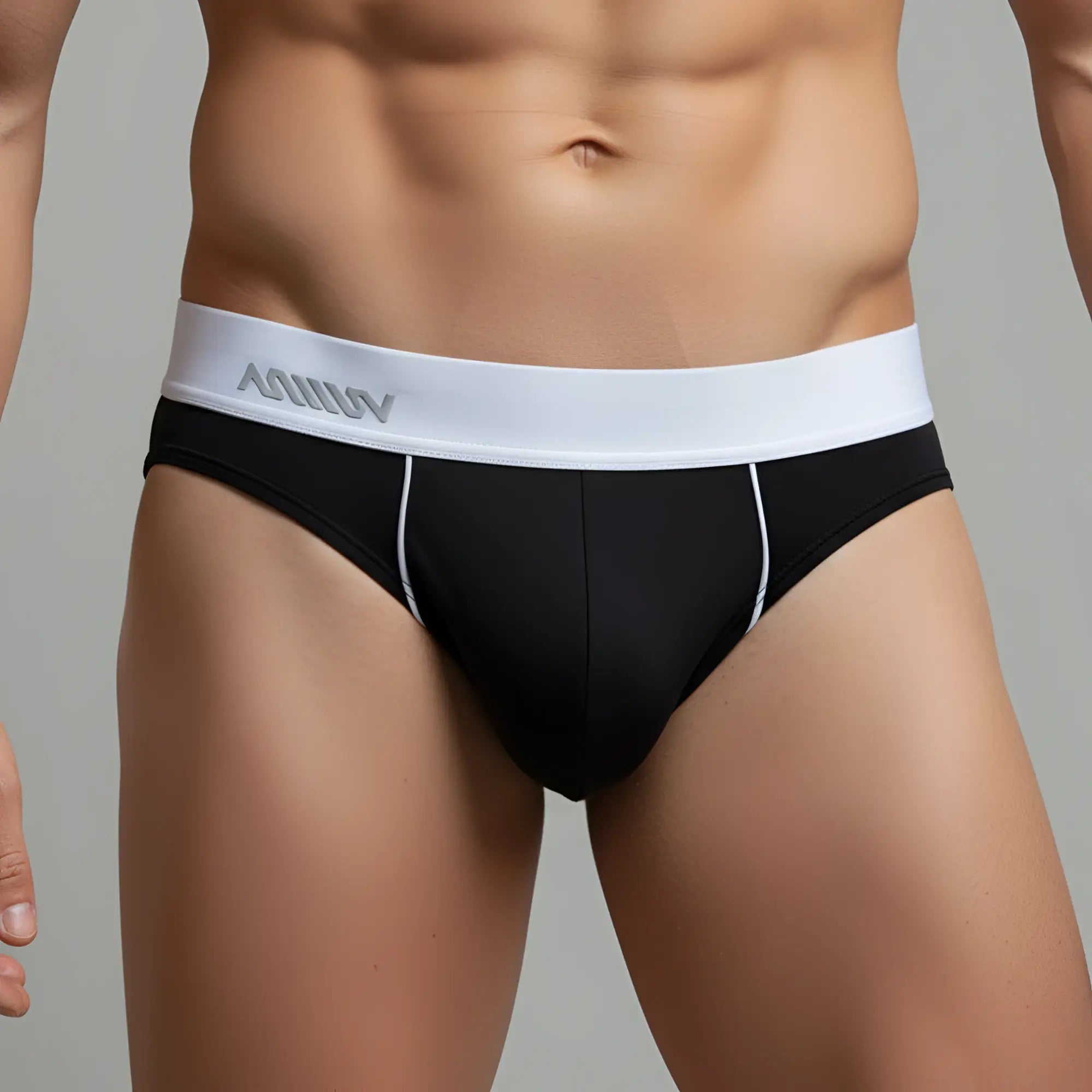 MetroMaleWear flow brief black with white waistband featuring aquav logo and subtle white stitching on sides