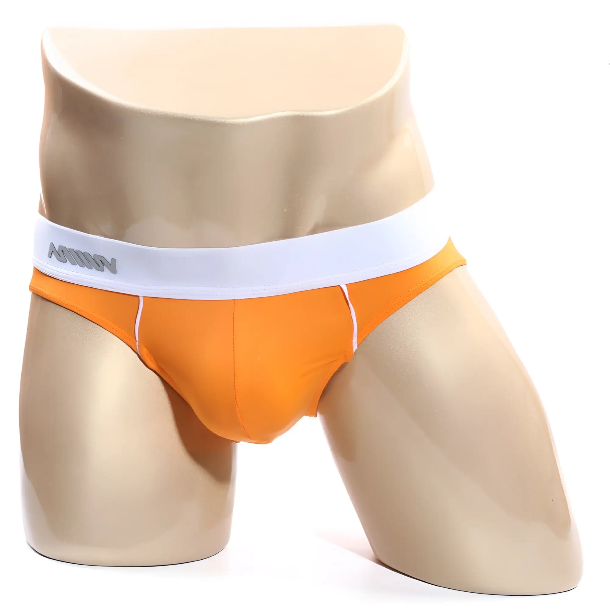 Orange metro male wear flow brief with white waistband and gray annoy branding in comfortable fabric