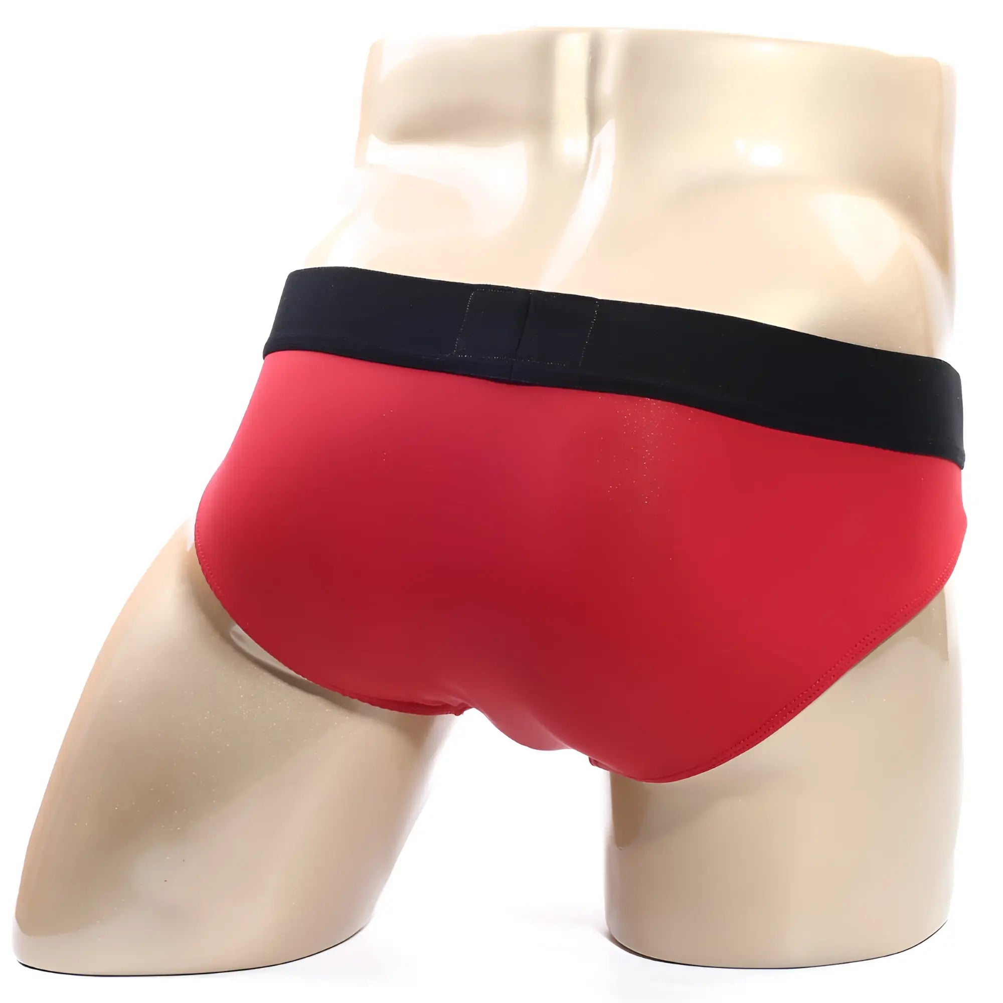 Red briefs with black waistband displayed on a mannequin metroMalewear flow brief red 6113-12
