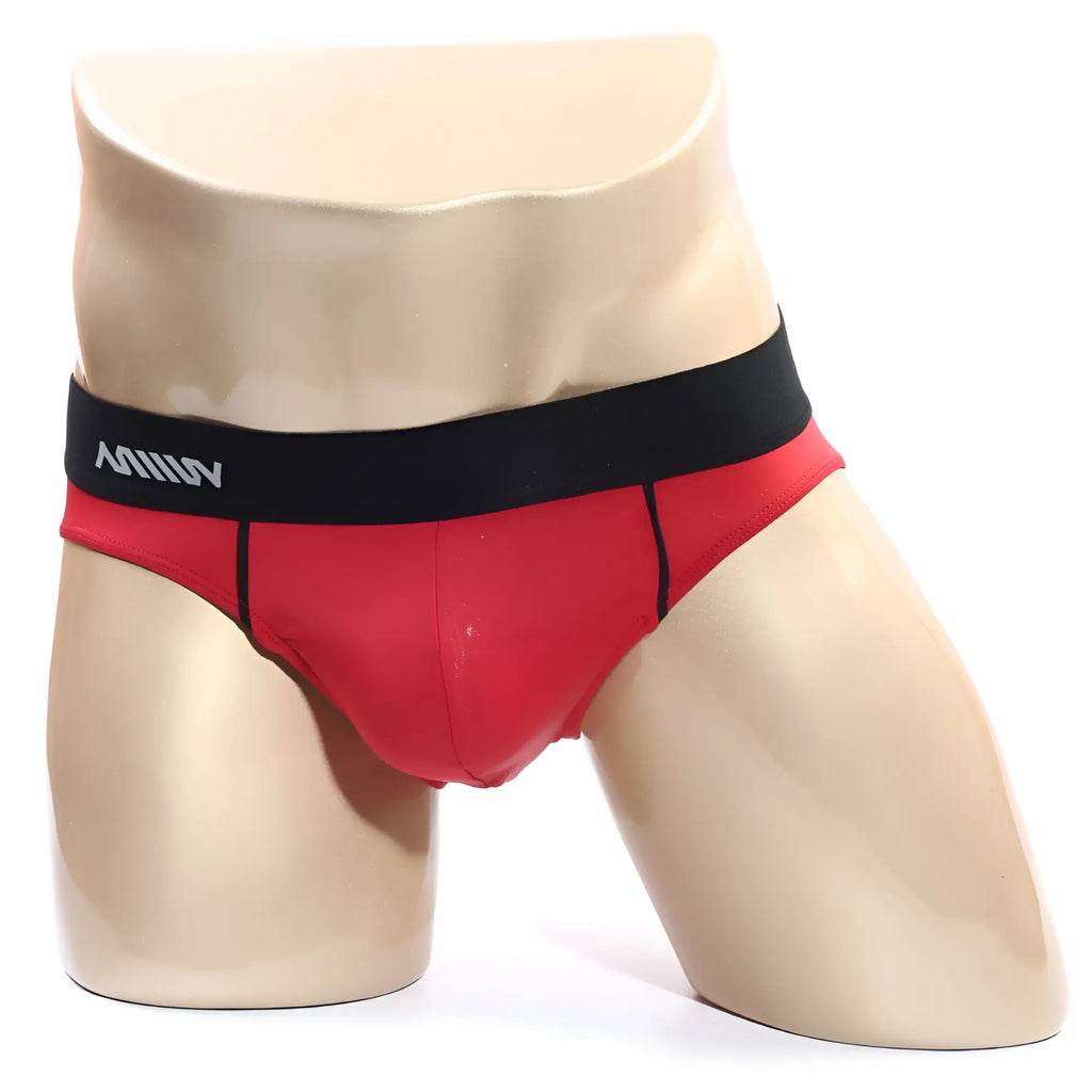Red men’s briefs with black waistband and miiiv logo in white from metromalewear flow brief red 6113-12 collection