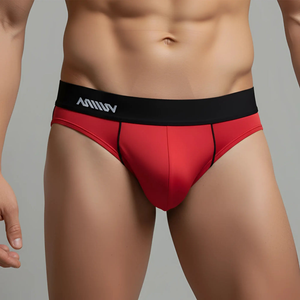 Red mens briefs metroMalewear flow brief with black waistband and white lettering in red fabric