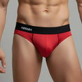 Red mens briefs metroMalewear flow brief with black waistband and white lettering in red fabric
