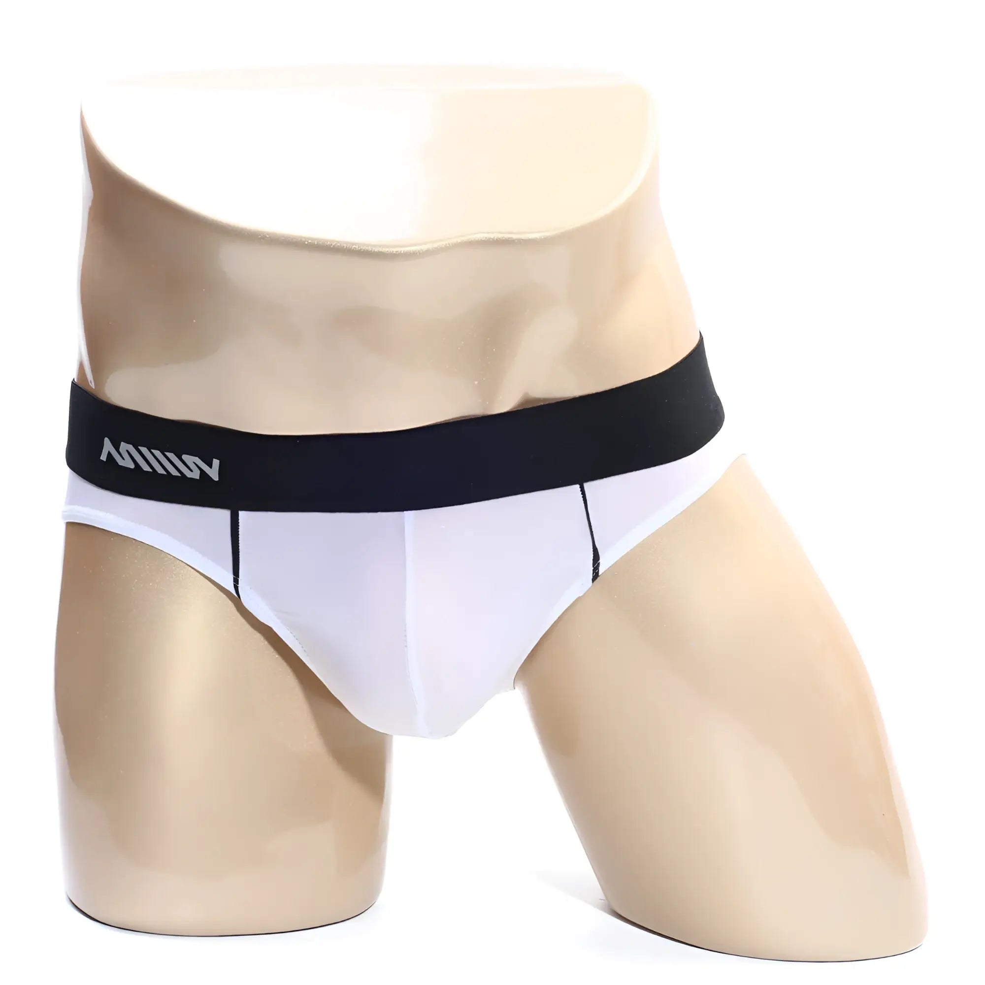 White briefs with black waistband and silver milli logo from metromalewear flow brief white 6113-00 collection