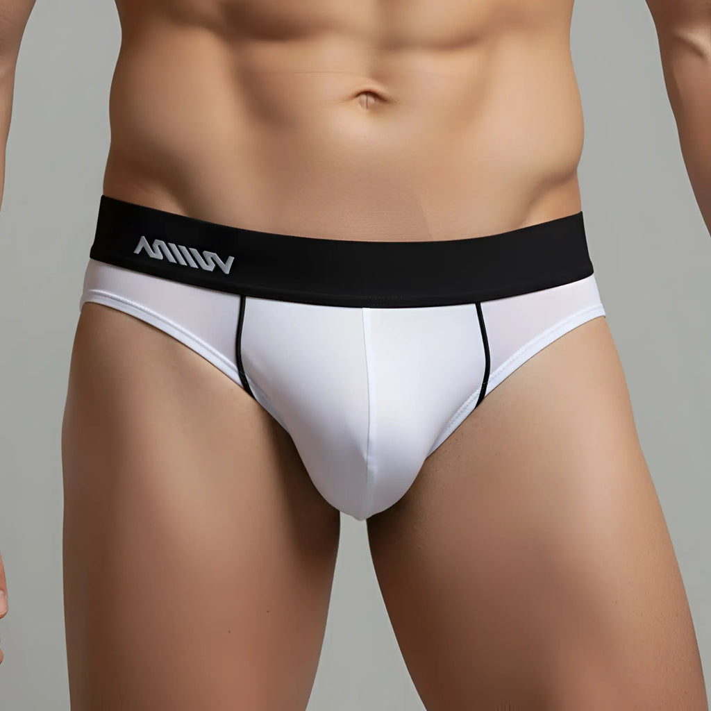 White mens briefs metro male wear flow brief 6113-00 with black waistband and silver amw logo front view