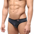 Black textured men’s briefs with subtle shimmer and red MetroMaleWear brand tag on waistband model 6107-20