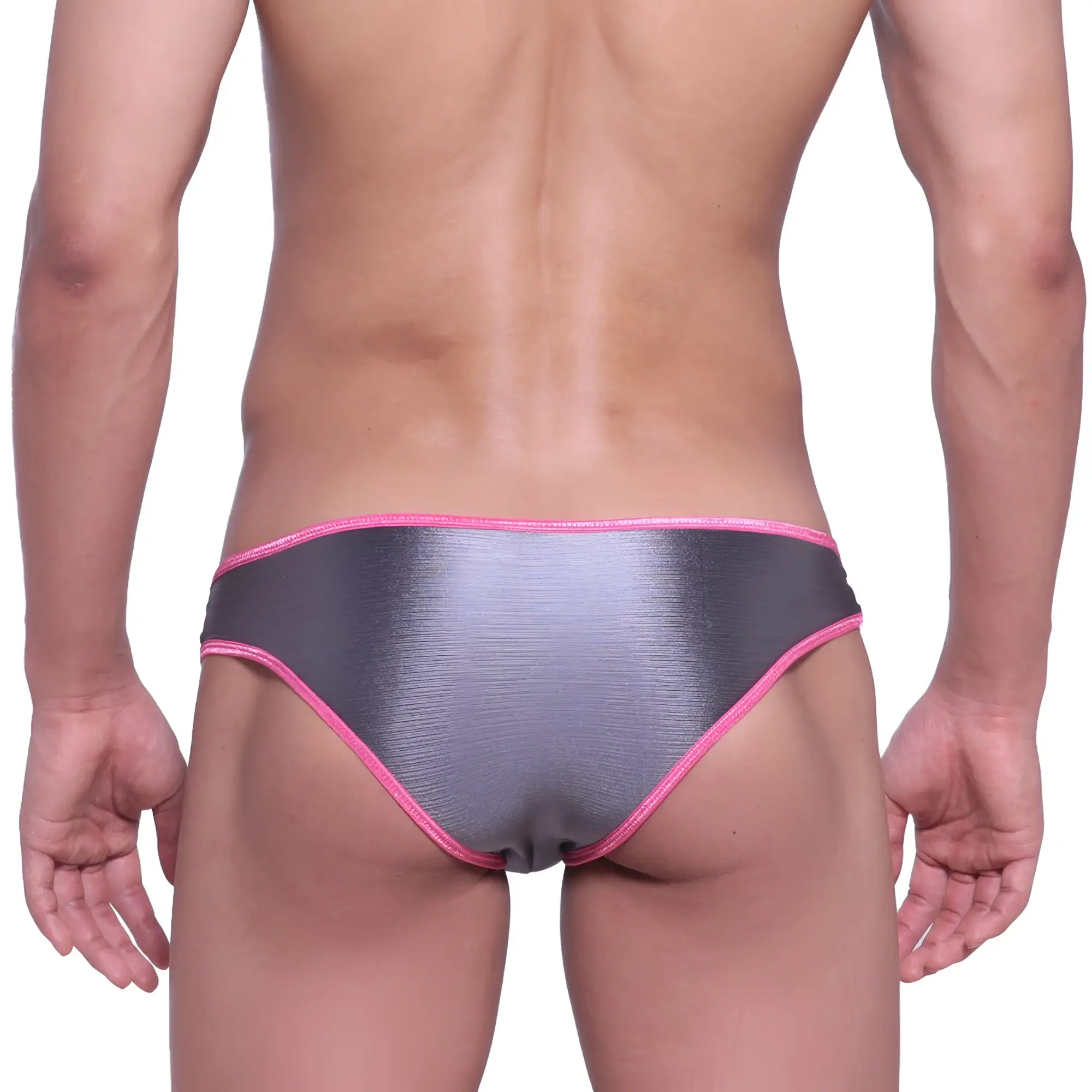 Silver metallic briefs with vibrant pink trim from metromalewear focus brief metal gray 6107-02 product line