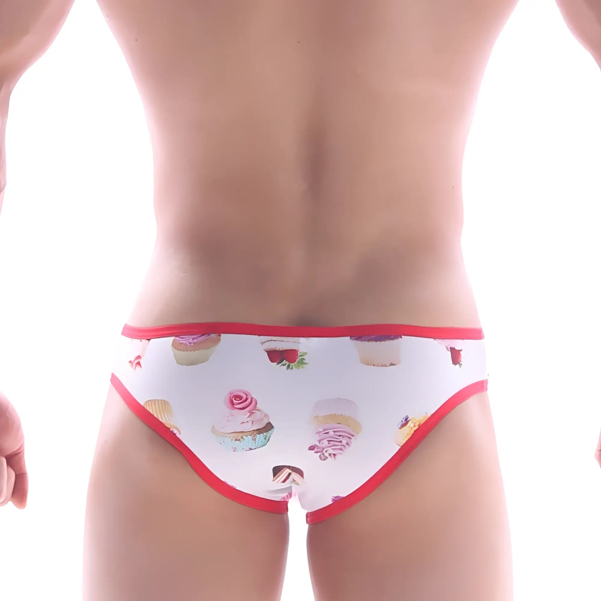 White briefs with playful cupcake pattern and red trim by metromalewear focus brief sweet cake 6107-33