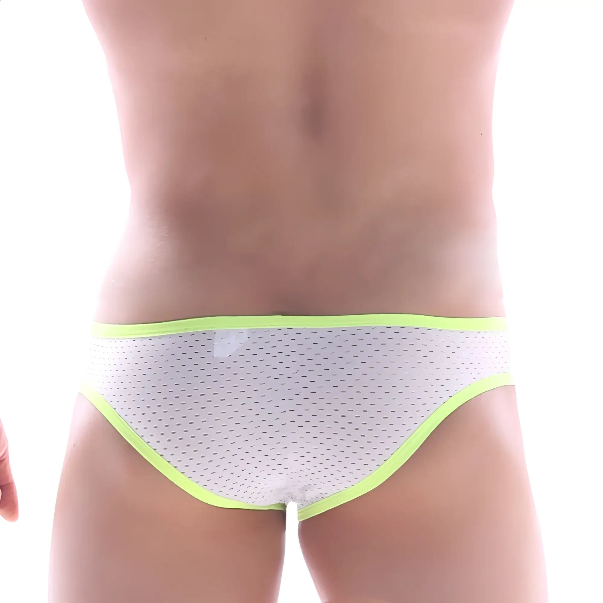 White mesh briefs with neon green trim from metromalewear focus brief white 6107-00 showcasing breathable fabric