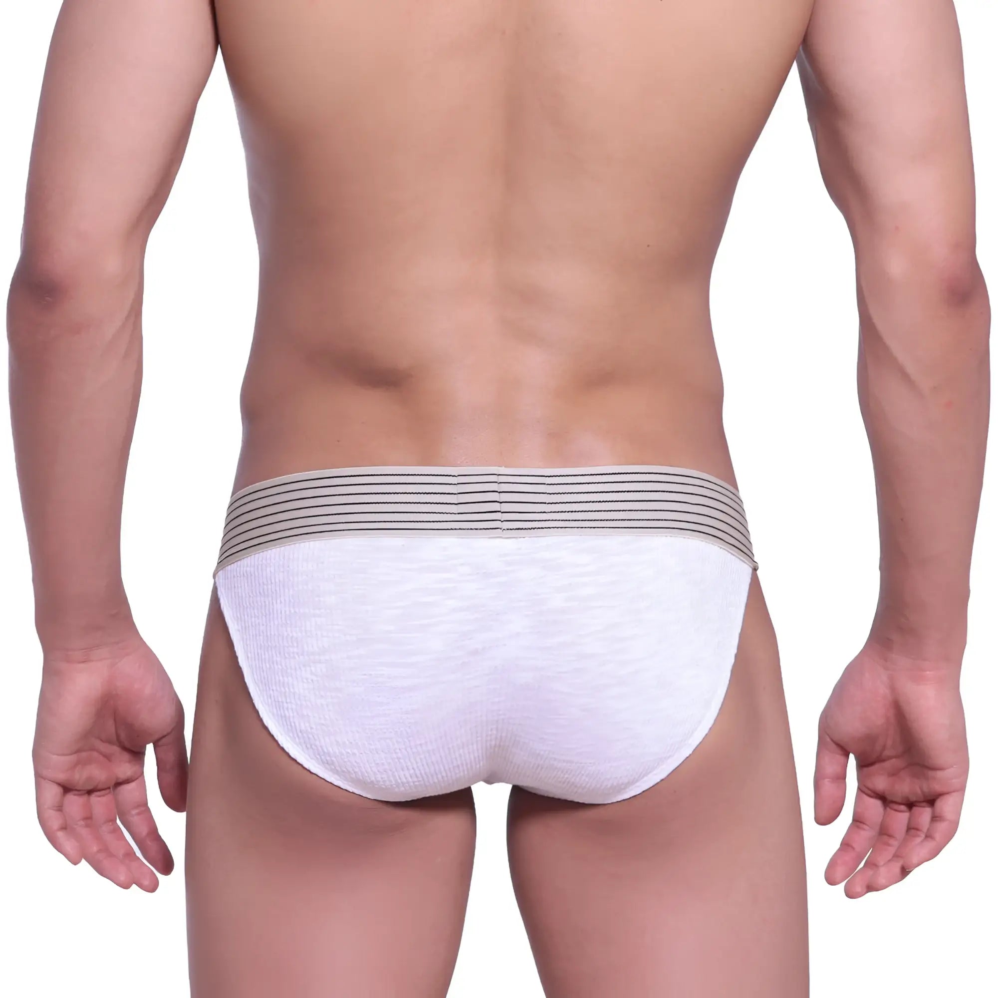 White textured briefs with a striped elastic waistband from metromalewear football bikini 3004-05 collection