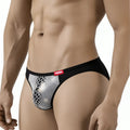 Metro male wear fortuna bikini briefs in black and white mesh with a red brand tag and breathable fabric design