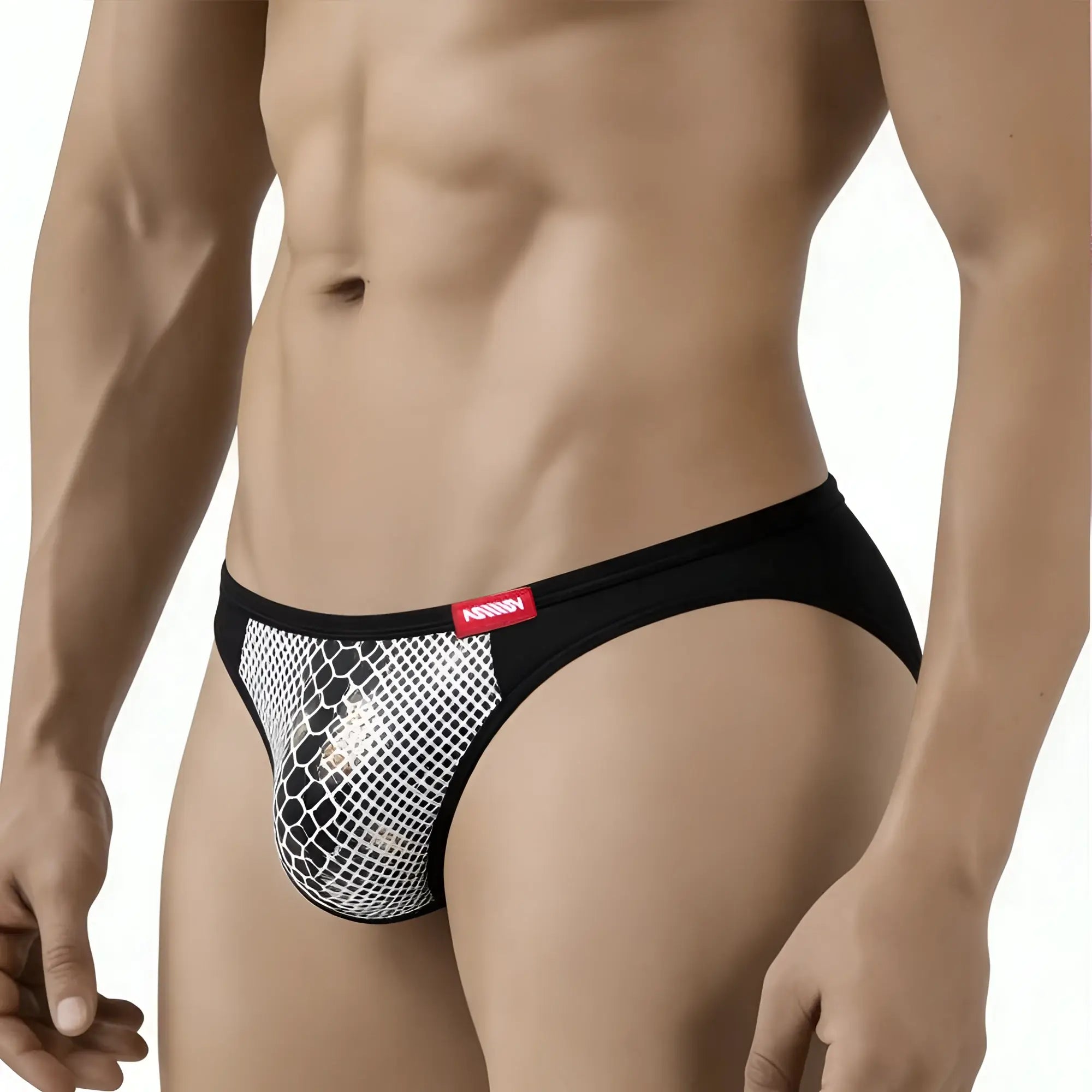 Metro male wear fortuna bikini briefs in black and white mesh with a red brand tag and breathable fabric design