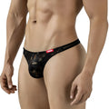 Black lace thong with a red brand tag from MetroMaleWear Fortuna Thong gold 2962-61 front view