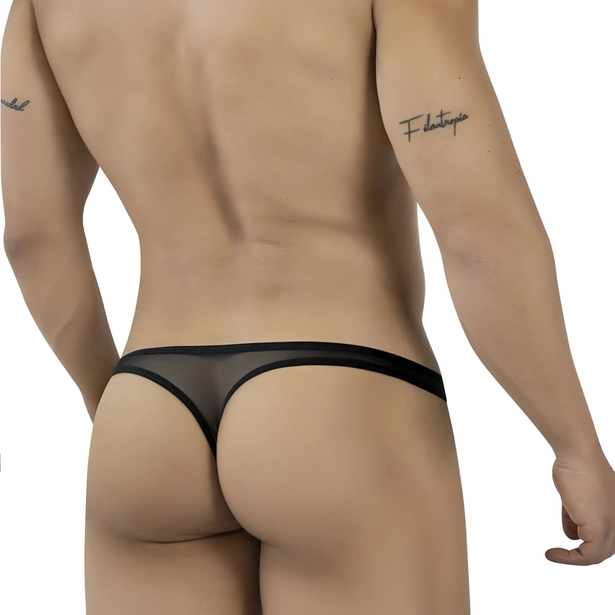 Black sheer mesh thong with solid black waistband from metromalewear fortuna thong gold 2962-61 front view