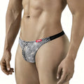Black and white mesh-patterned metro malewear fortuna thong with red brand tag on waistband front view