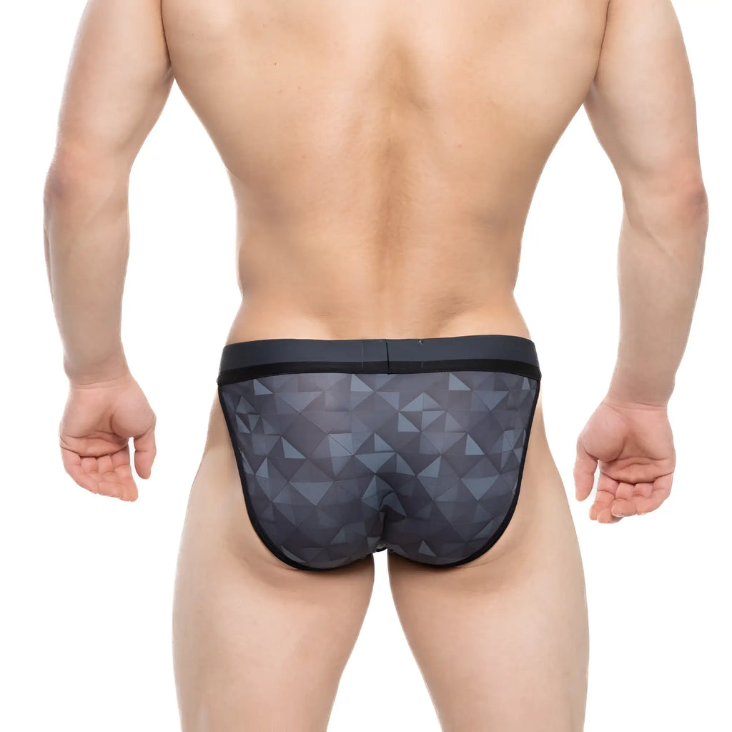 MetroMaleWear fractal sports bikini 3004-M42 men’s briefs with black geometric pattern sheer mesh fabric and solid waistband
