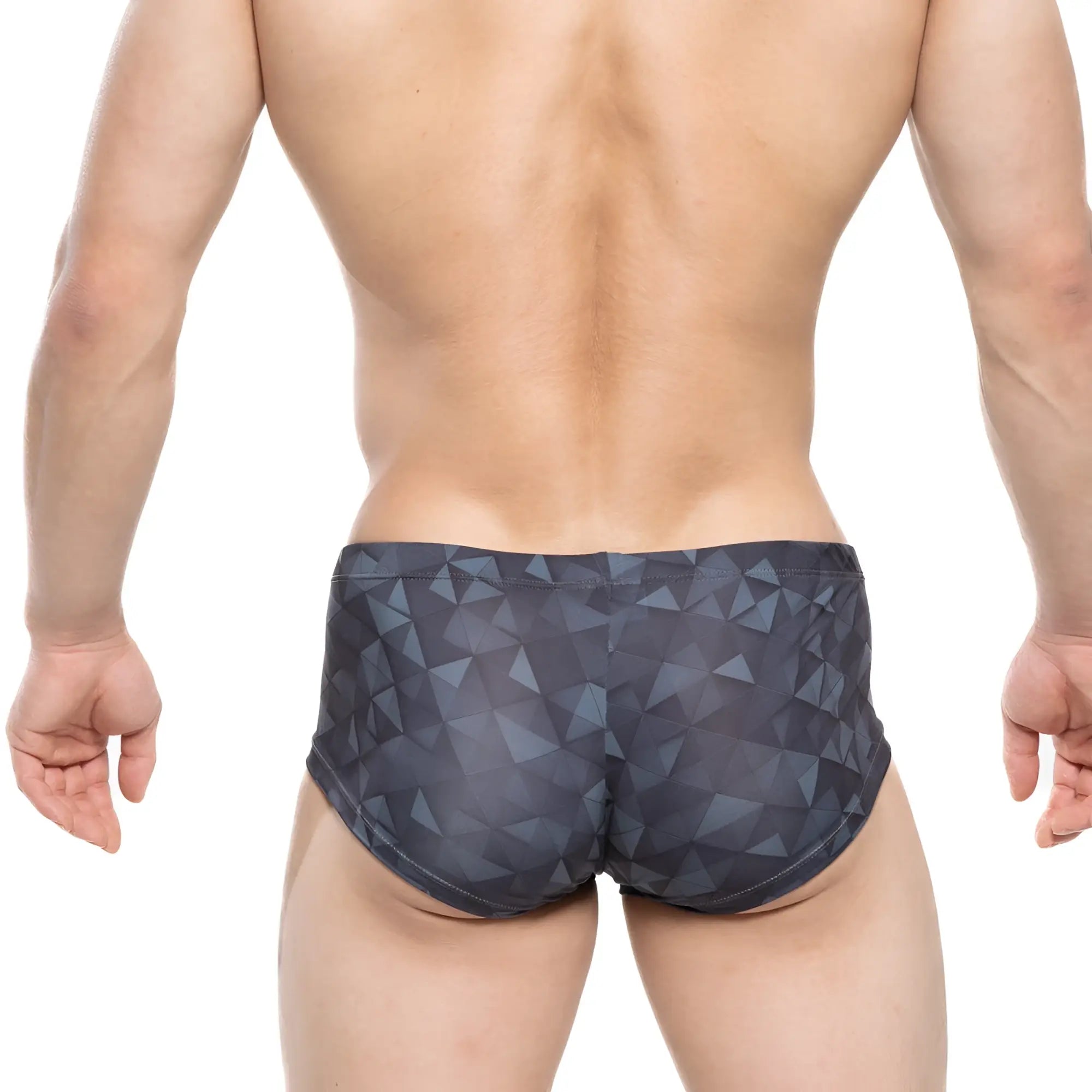 Dark gray swim trunks featuring a geometric triangle pattern from metromalewear fractal trunk 2125-45