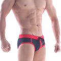 Navy blue and red MetroMaleWear Frame Swim Brief 4916-80 swim trunks with drawstring waistband for swimming