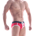 MetroMaleWear Frame swim brief white 4916-81 red and navy swim trunks with white trim and drawstring waistband