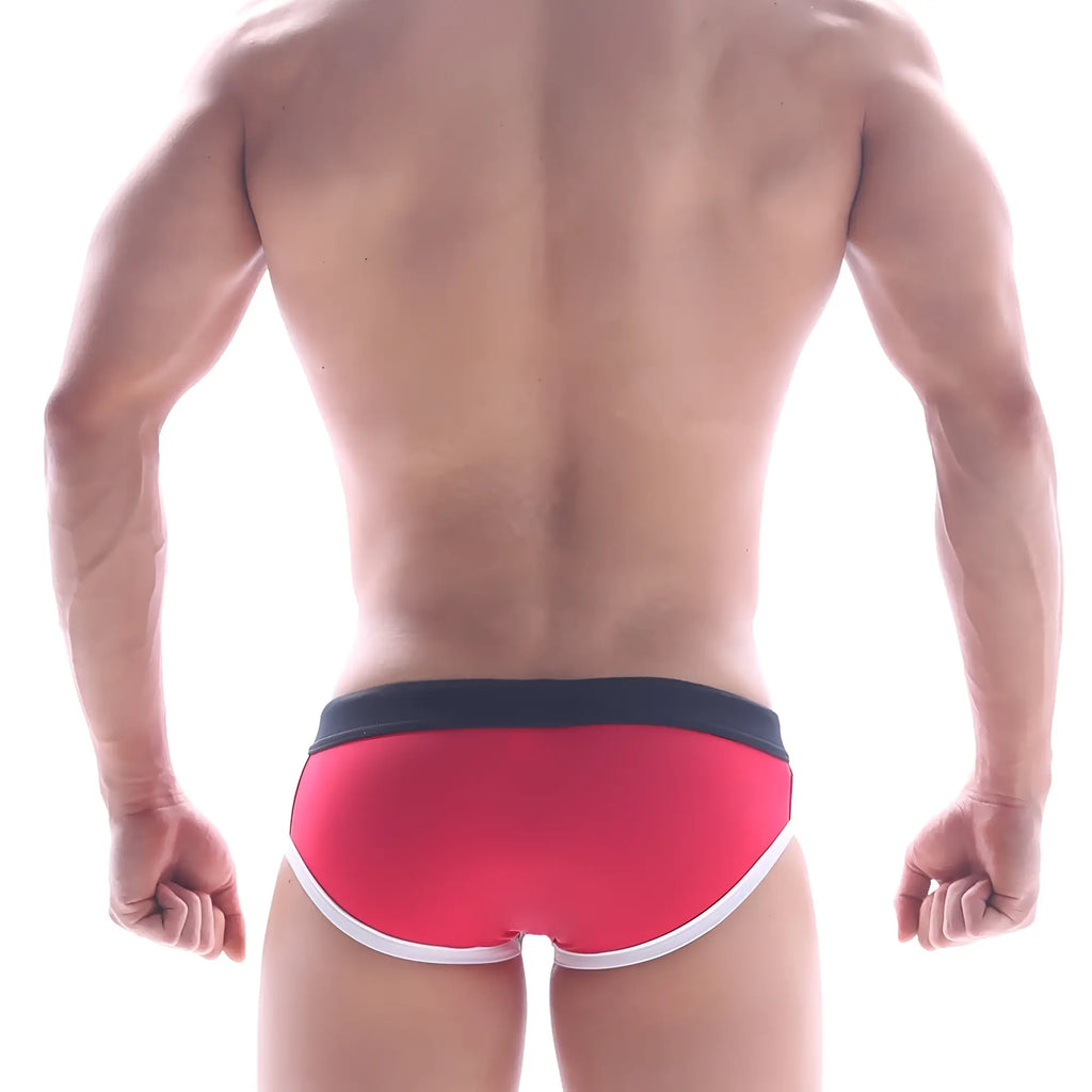 Red swim trunks with black waistband and white trim from metromalewear frame swim brief white 4916-81 collection