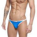 Metro male wear freedom bikini royal blue form-fitting thong with white trim and small red brand tag visible from back