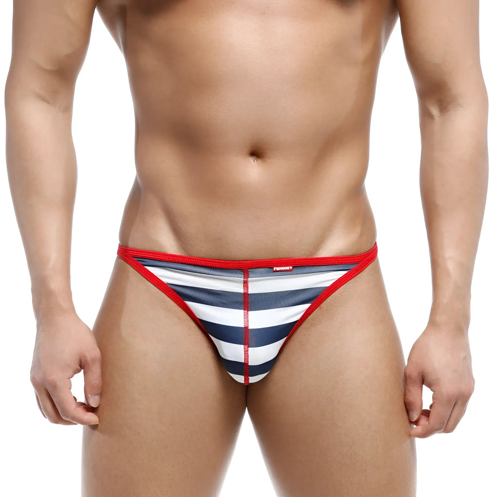 MetroMalewear freedom thong marine blue 6012-82 with red white and navy blue stripes and red elastic waistband