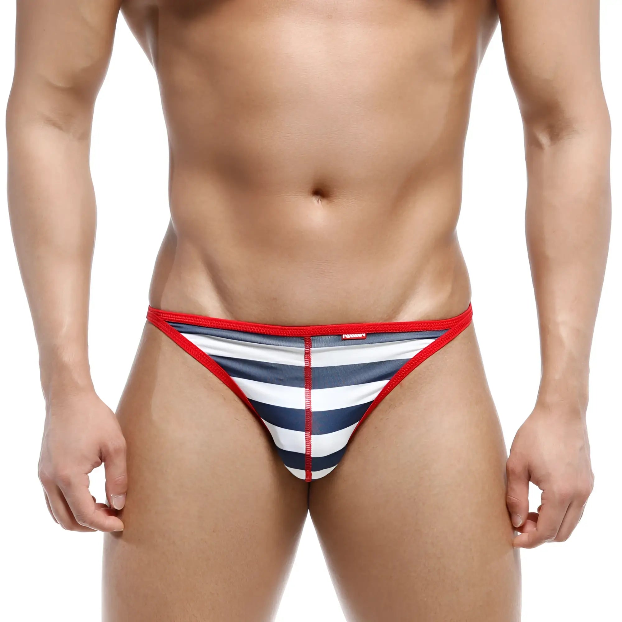 MetroMalewear freedom thong marine blue 6012-82 with red white and navy blue stripes and red elastic waistband